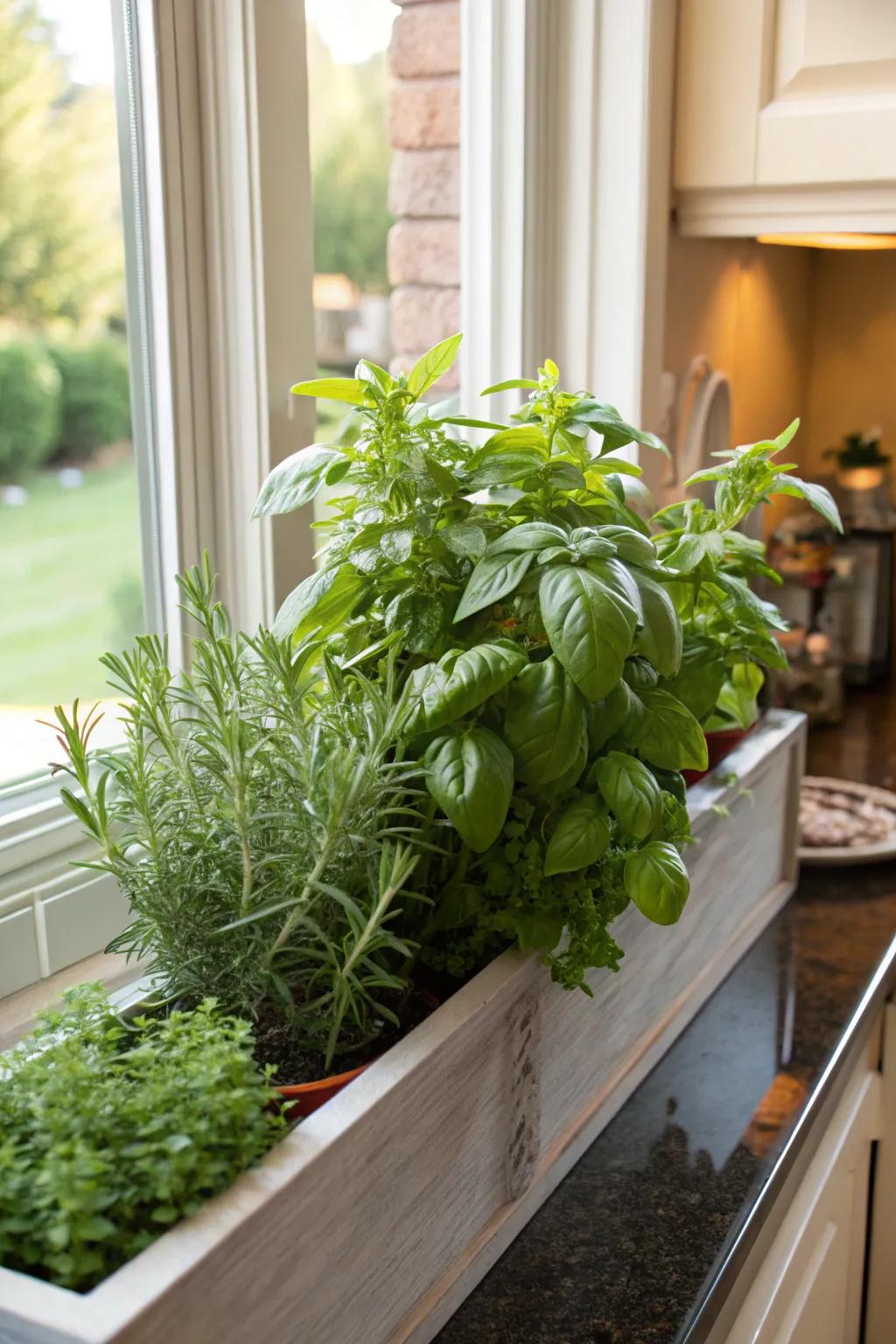 A window box overflowing with fresh spices for culinary pleasures.