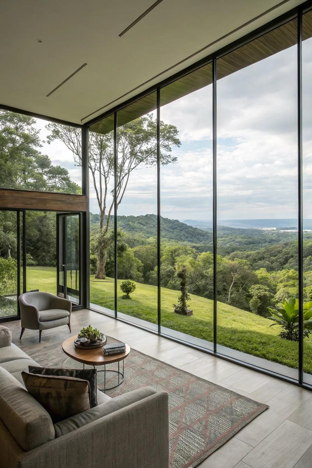 Full-height glass panes seamlessly connect indoor and outdoor spaces.