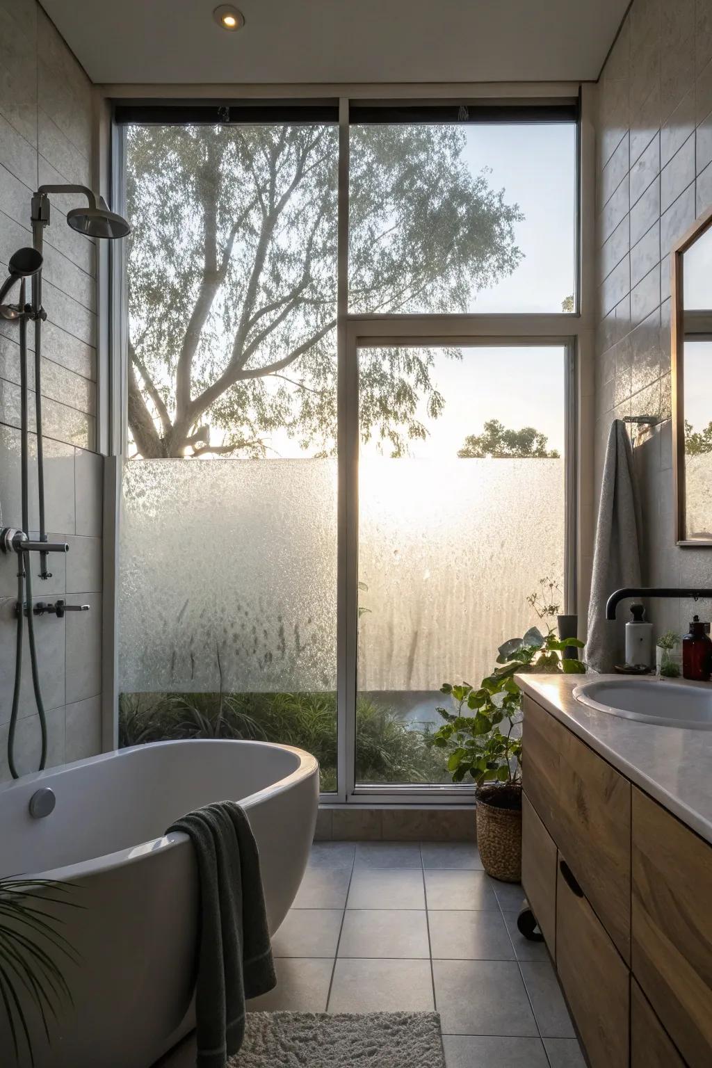 A shower showcasing a frosted glass window, providing privacy while allowing gentle sunlight.