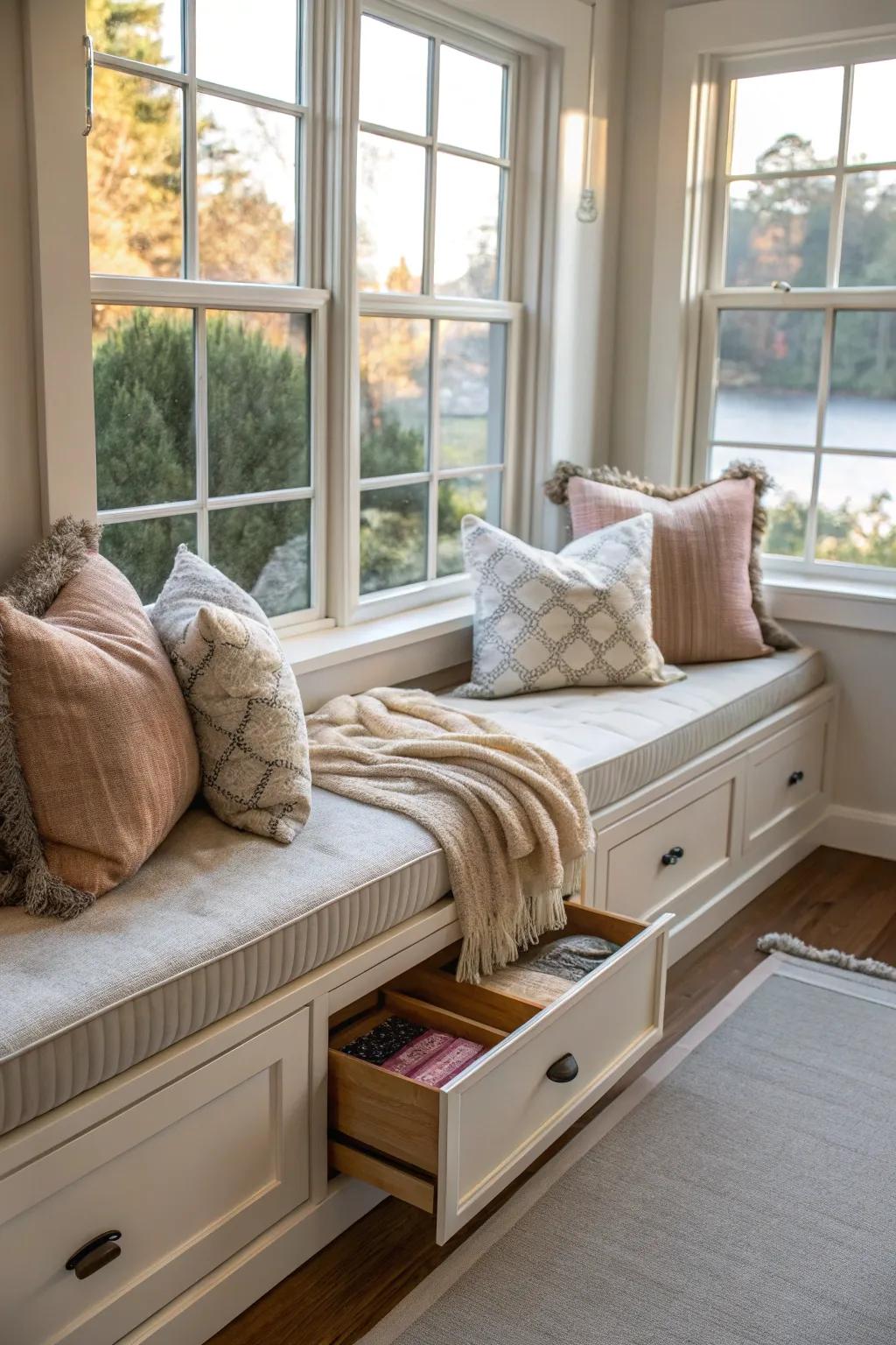 A window seat featuring innovative storage solutions underneath, perfect for maintaining organization.