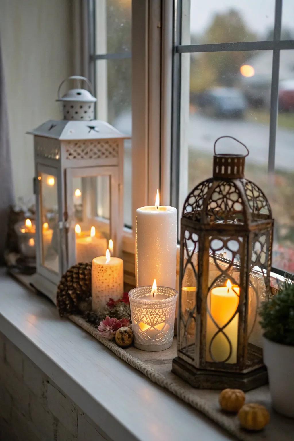 The soft glow from candles and lanterns on a windowsill.