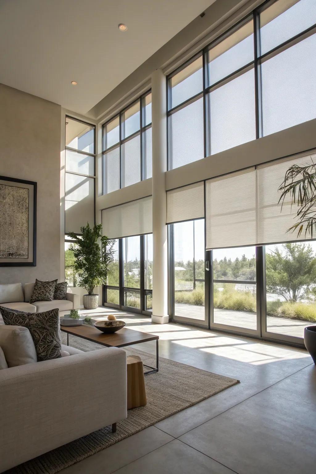 Window shades offer a neat, contemporary appearance and adjustable light control.