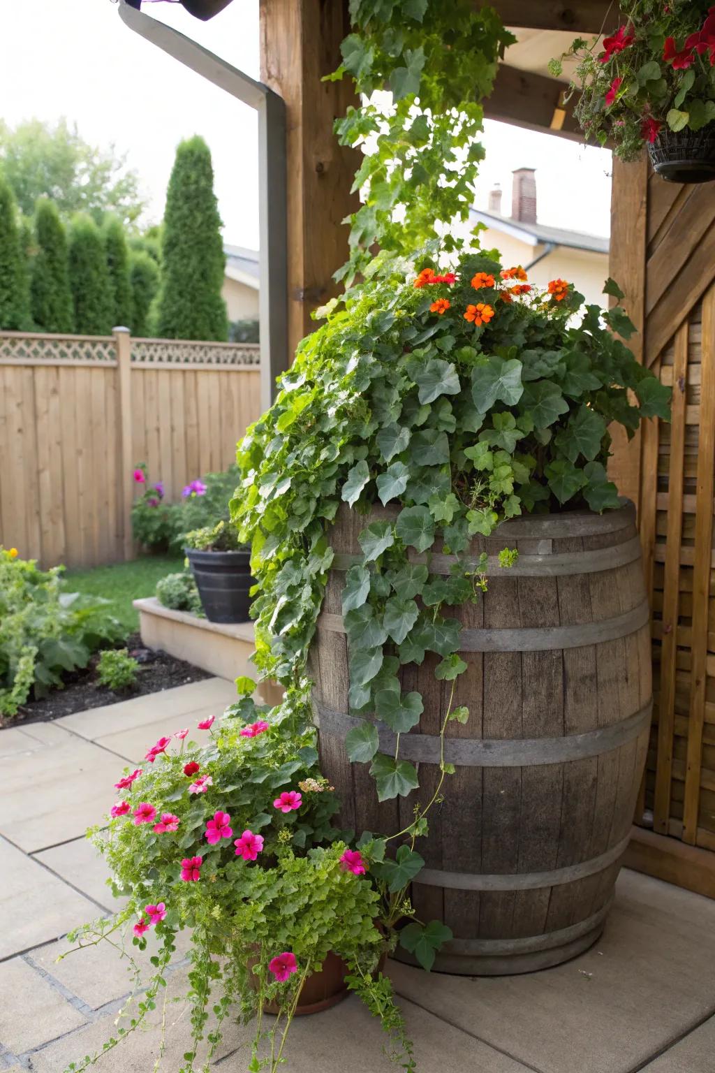 A welcoming veranda nook featuring a wine cask planter.