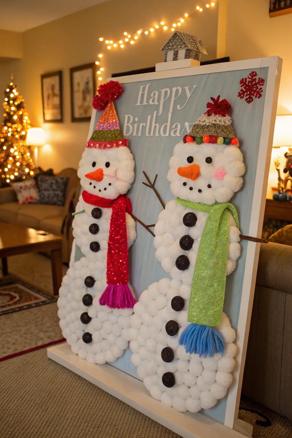 Incorporate charm and texture through a snow figure-themed arrangement.