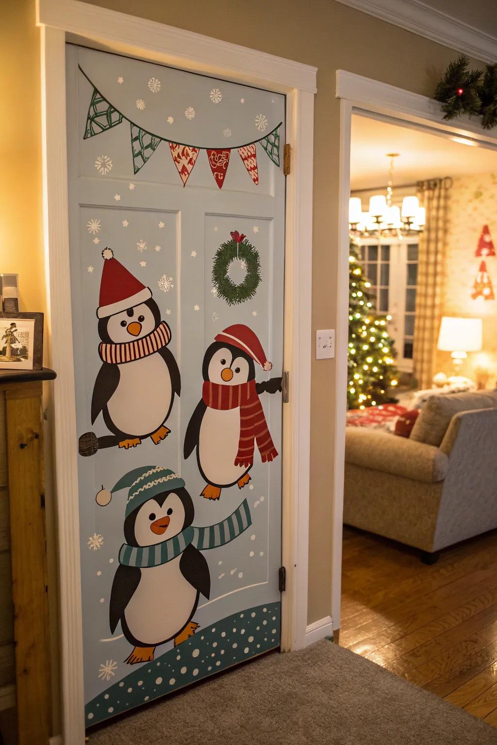 A whimsical penguin party door to warm up the winter chills.