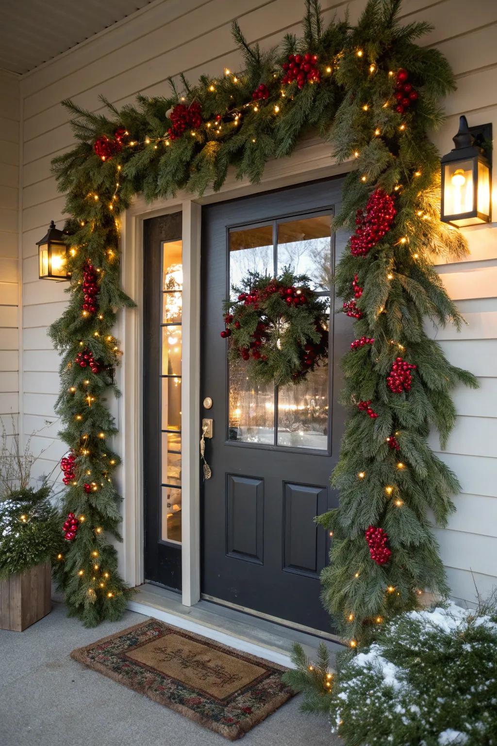 Brilliant strands offer celebratory warmth to this wintry doorway.
