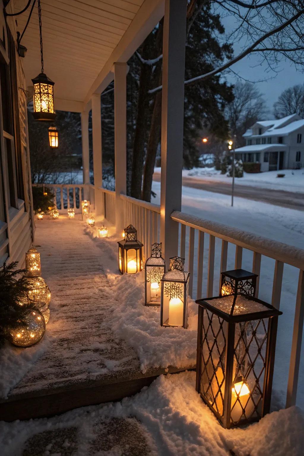 A collection of softly glowing lanterns illuminates a winter porch.