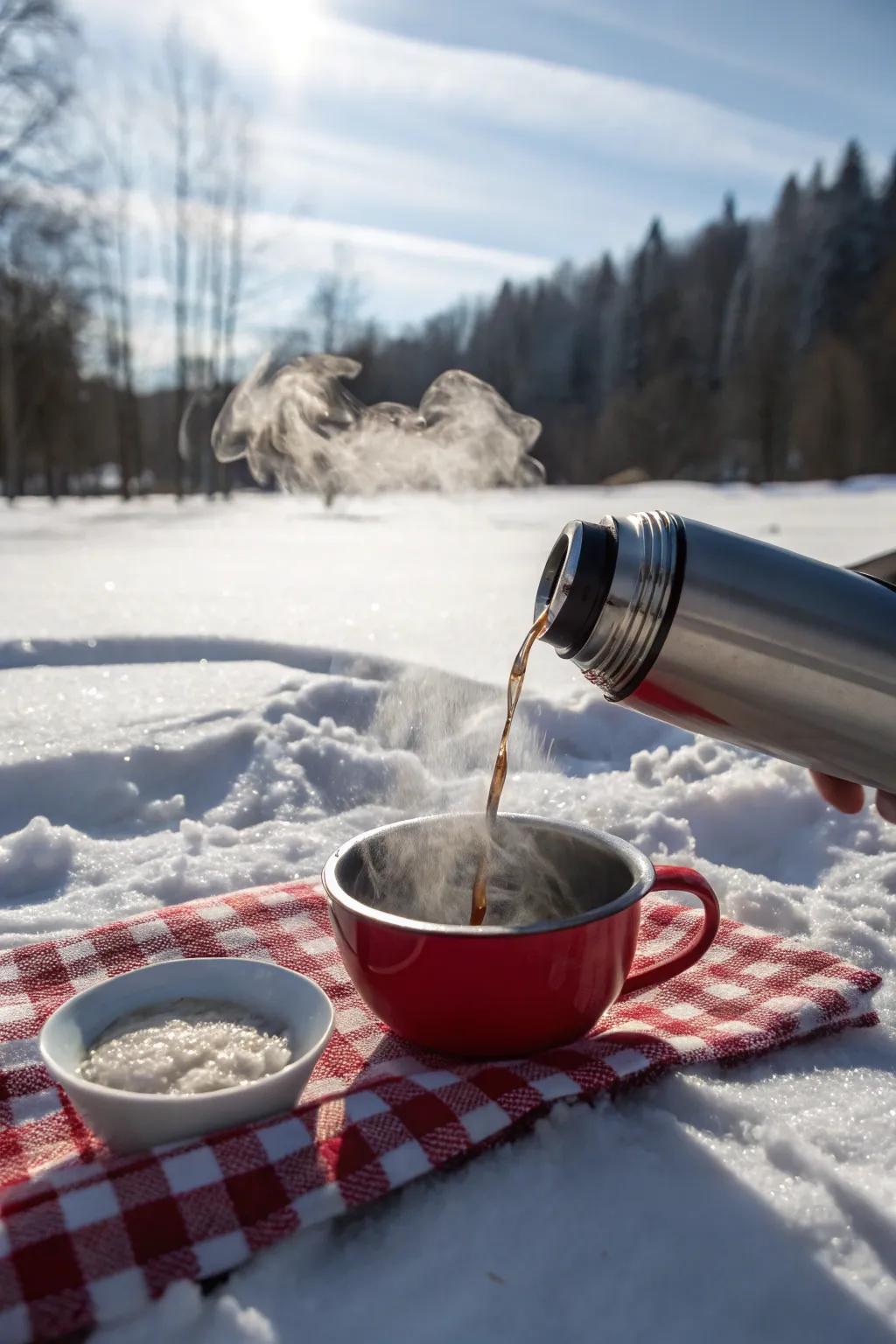 A thermos of hot soup complements a winter picnic perfectly.