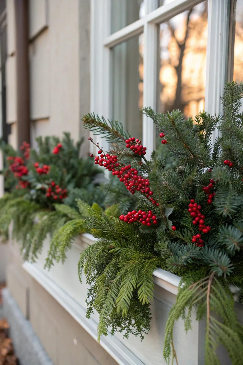 Scarlet berries provide a lovely contrast to the abundant greenery in this festive window box.