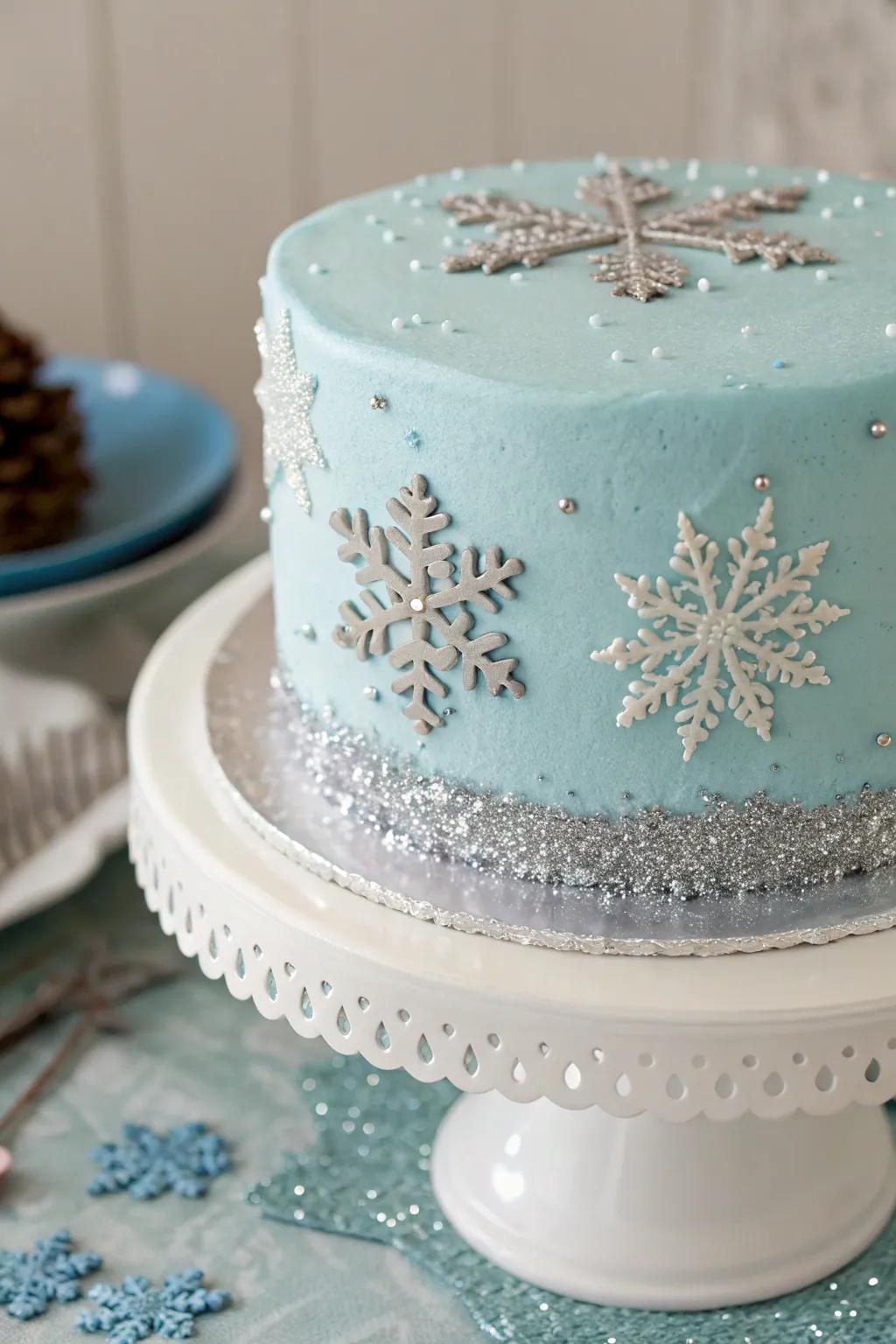 An exquisite frosted azure cake showcasing radiant glacier flakes.