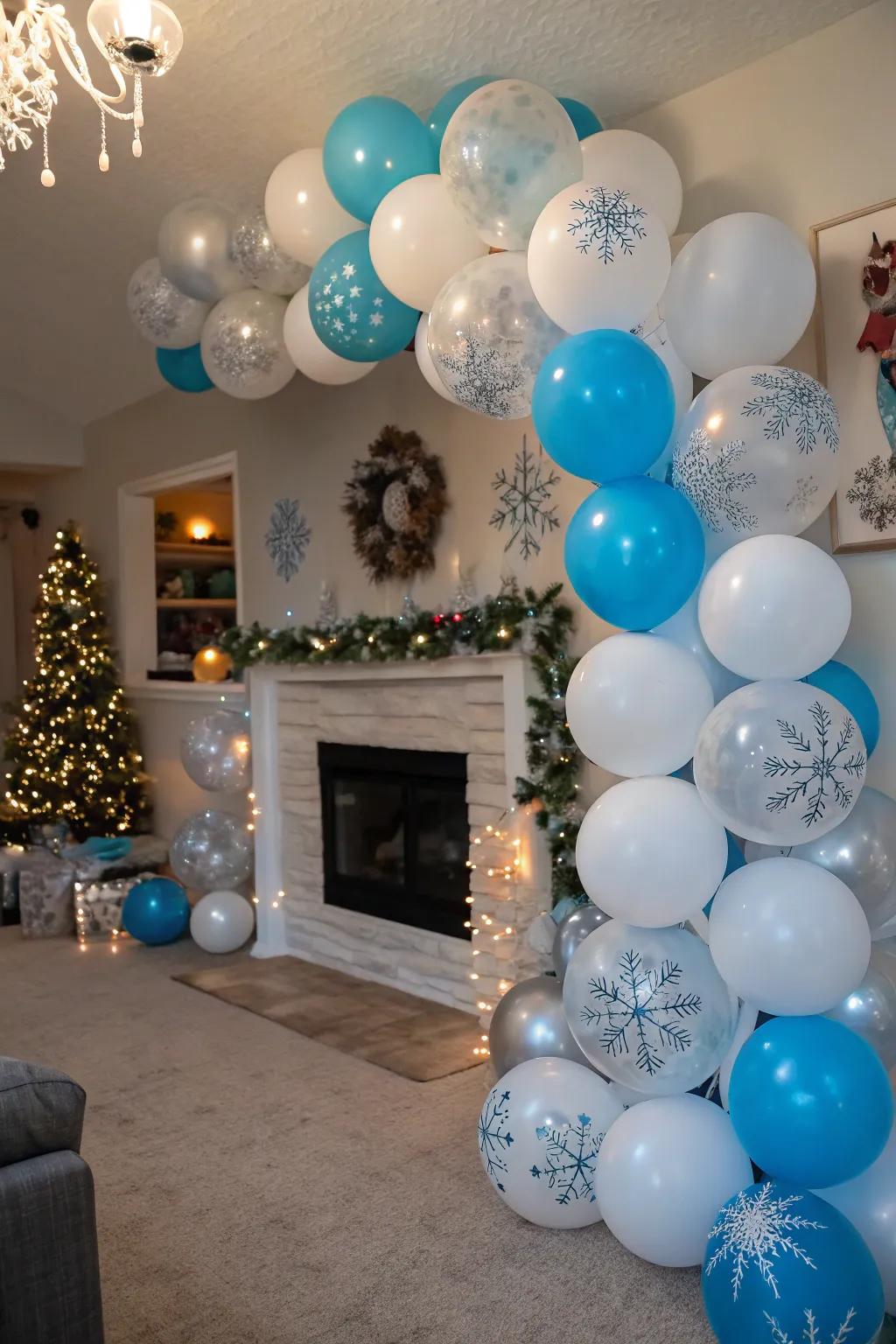 Balloons within winter hues fashion a whimsical atmosphere.