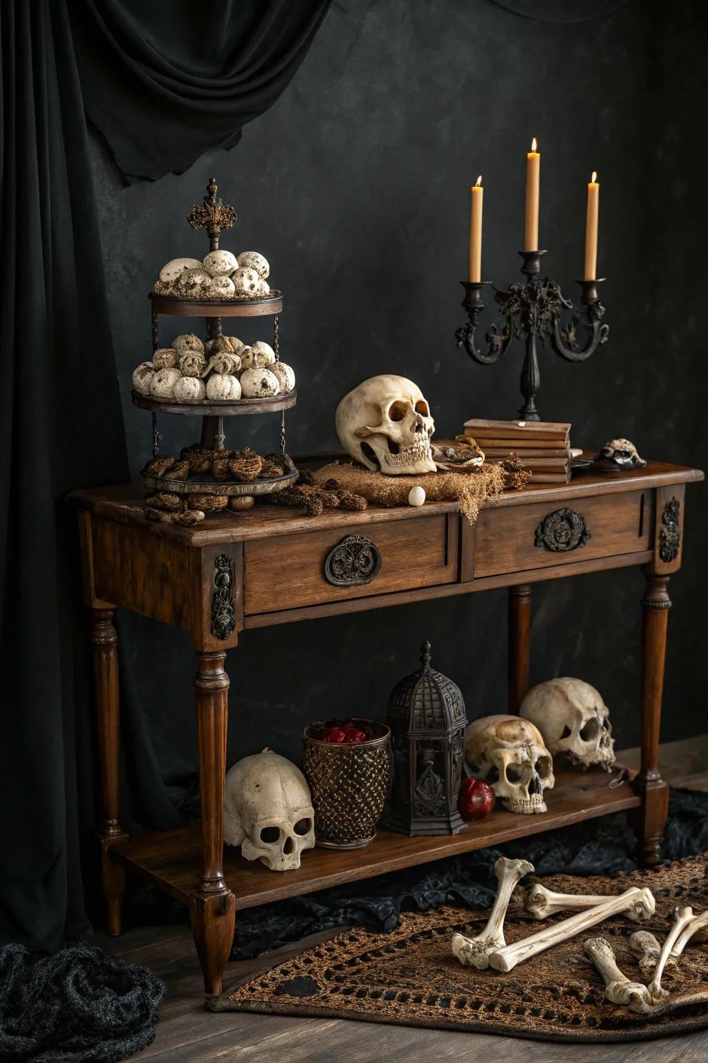 Ornamental skulls and bones for a spooky accent.