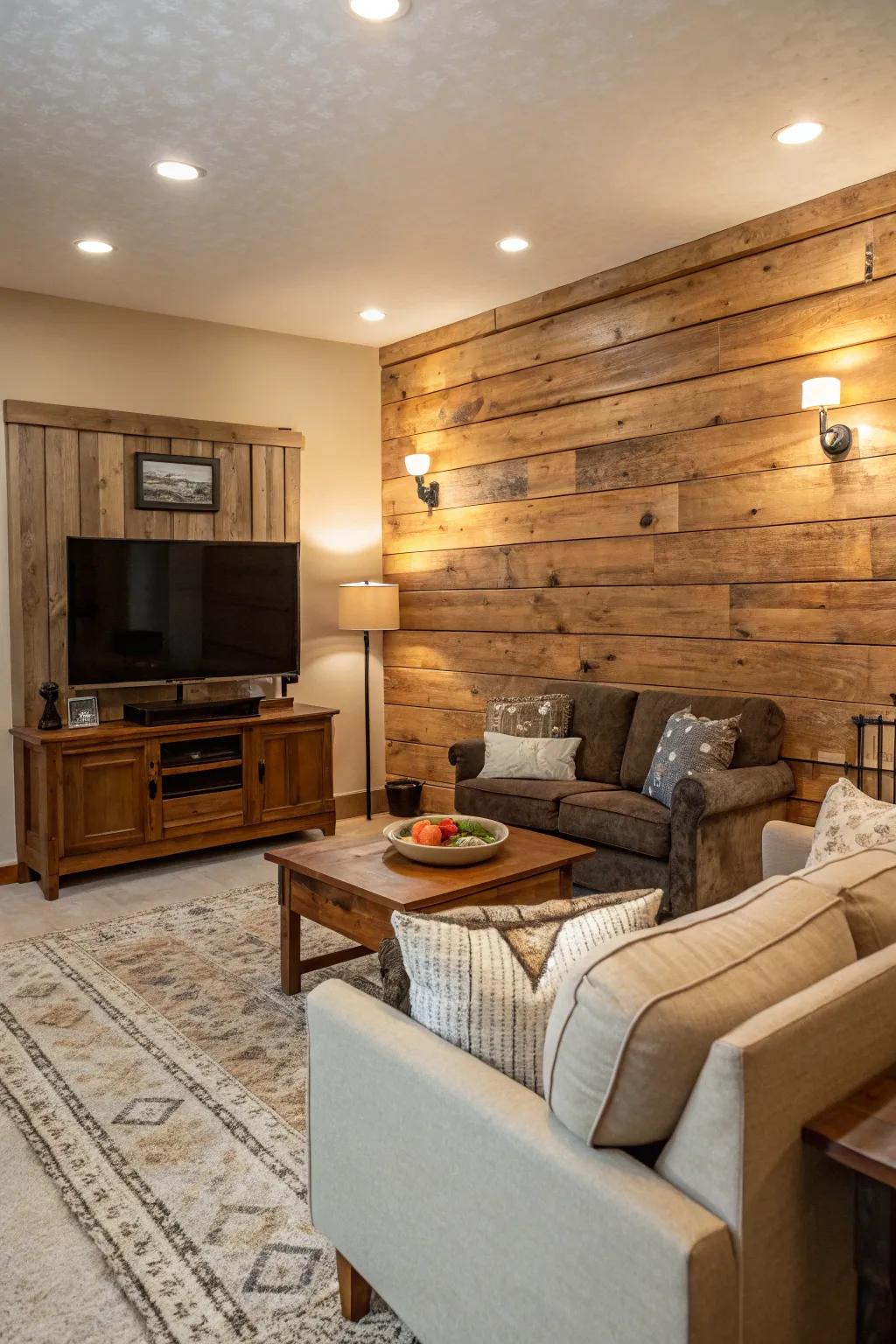 A living room with a warm and inviting natural wood accent wall.