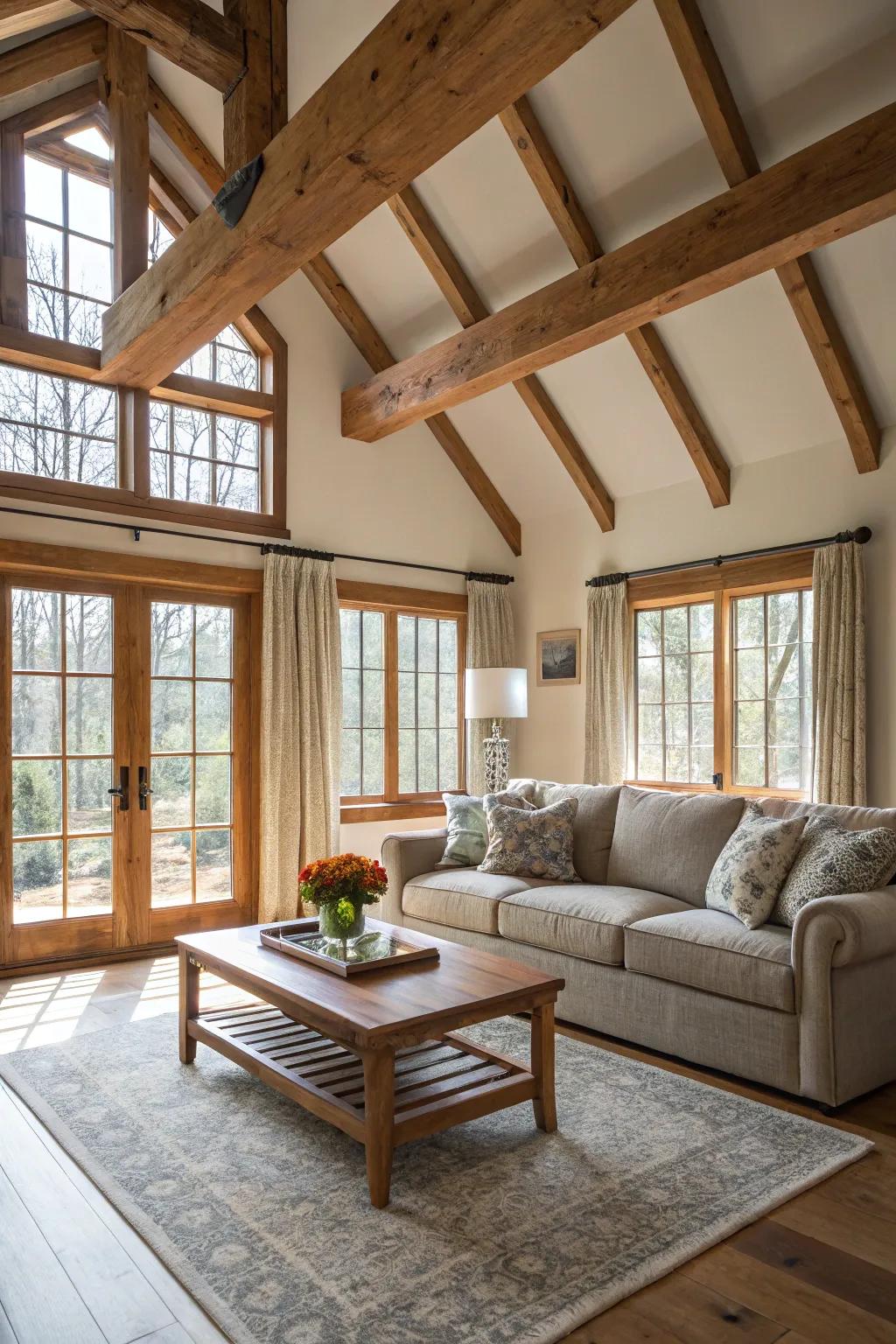 Expansive and bright living area featuring wood beams and ample natural light.