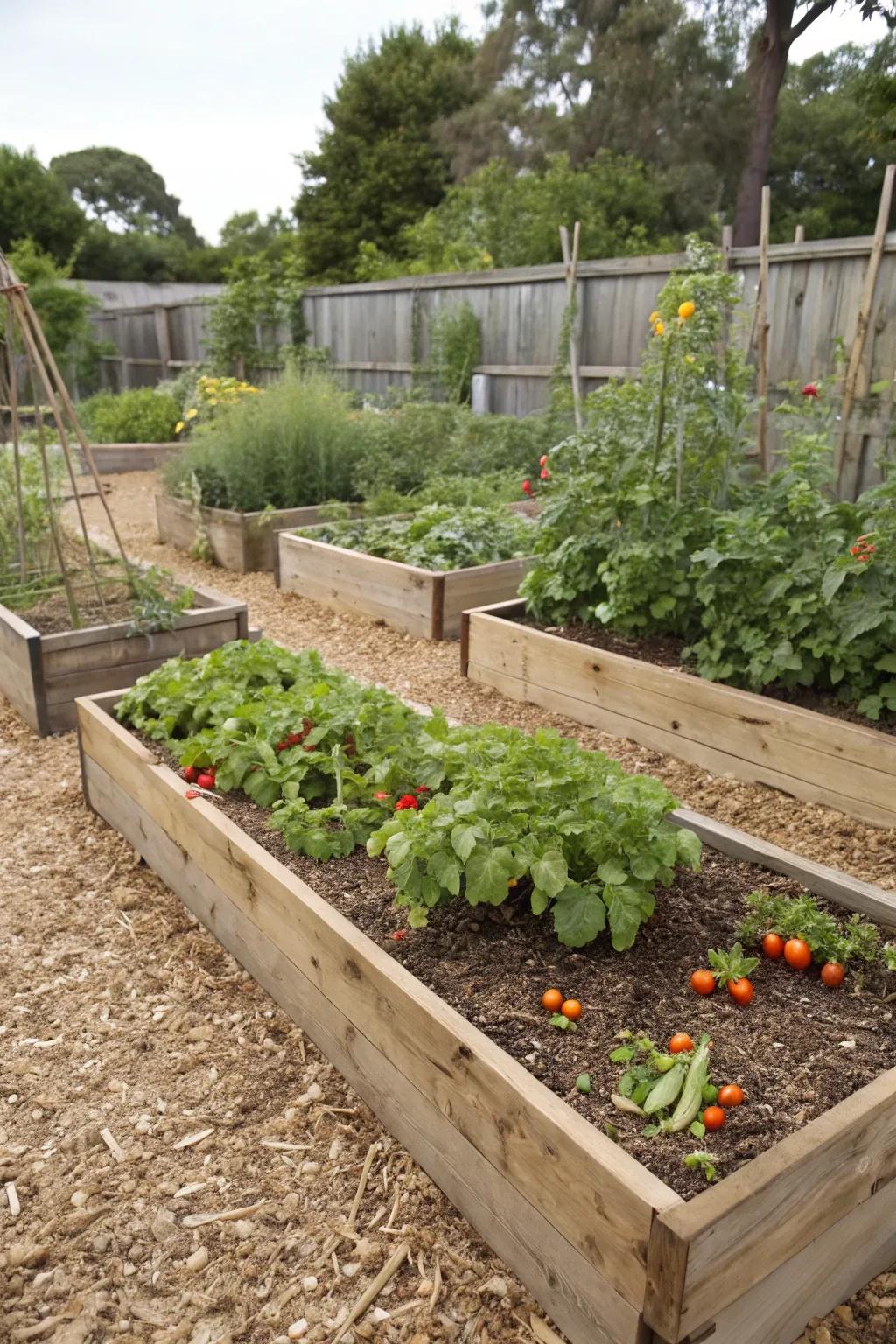 Bark nuggets create a tidy and useful boundary around raised garden beds.