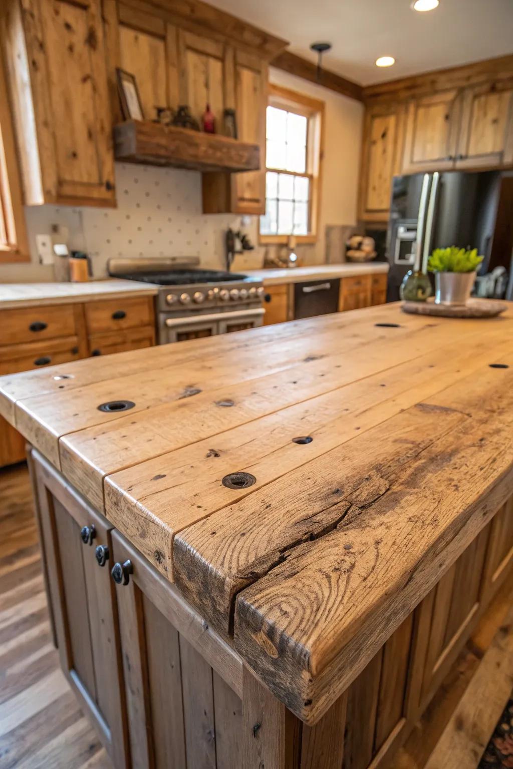Repurposed timber countertops narrating a tale through each grain and knot.