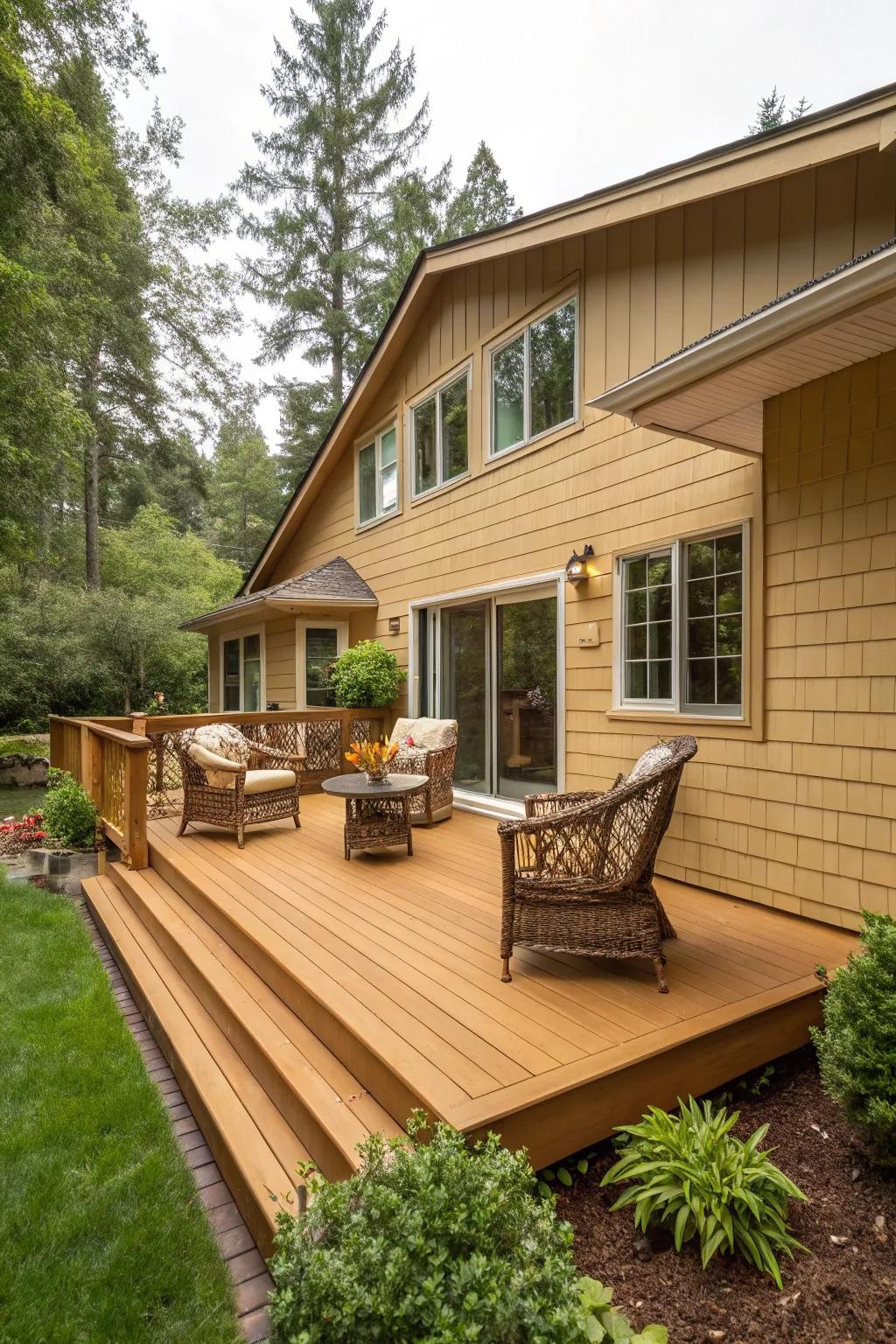 The welcoming radiance of a honey-toned deck enhances the warmth of a tan house.