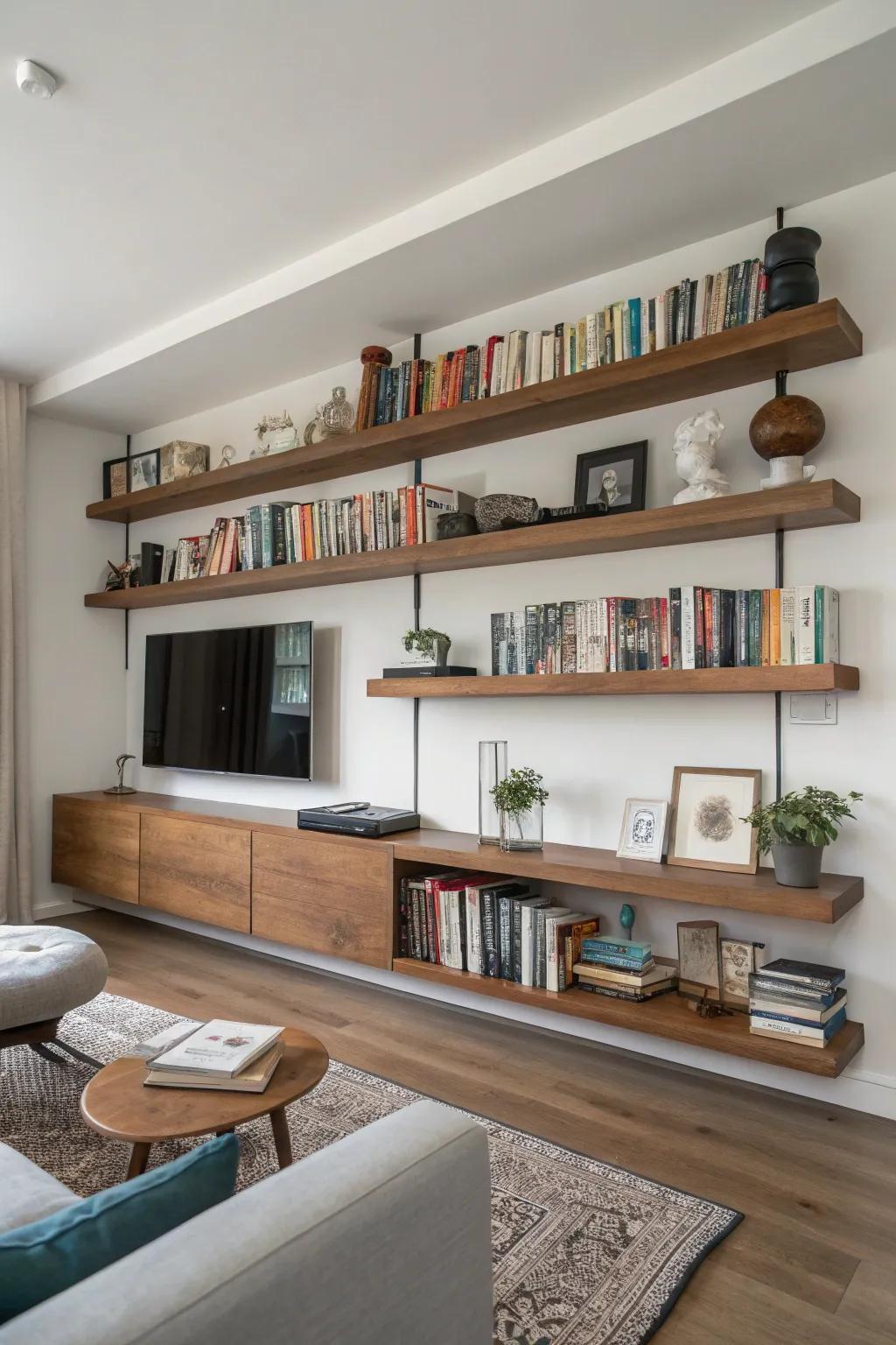 Wood shelves offer elegance and practicality to every room.