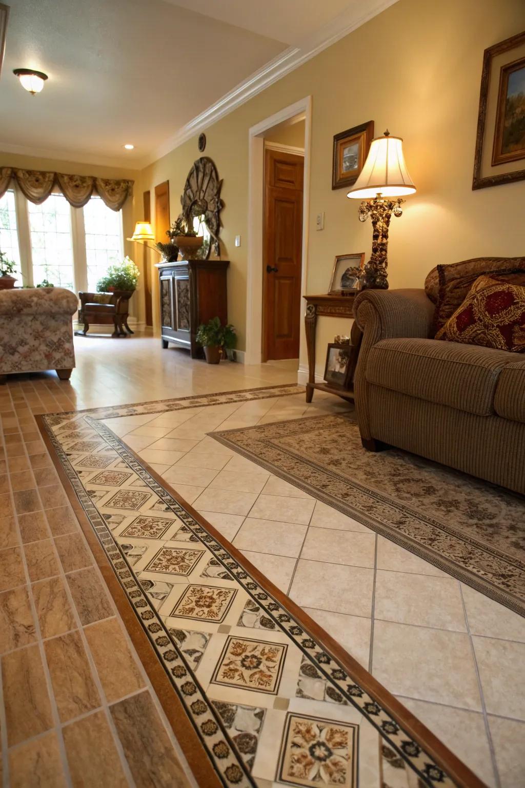 A family room featuring a traditional edge transition between tiled and hardwood flooring.