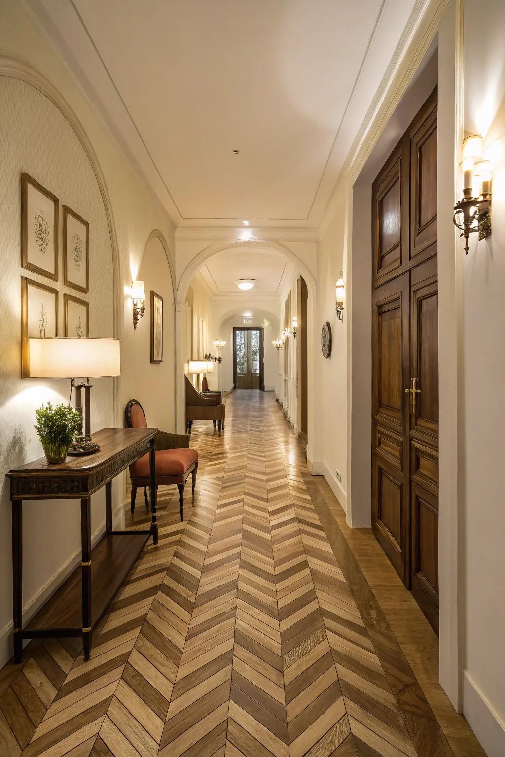 A stylish hallway featuring a striking modern peaks wood design floor.