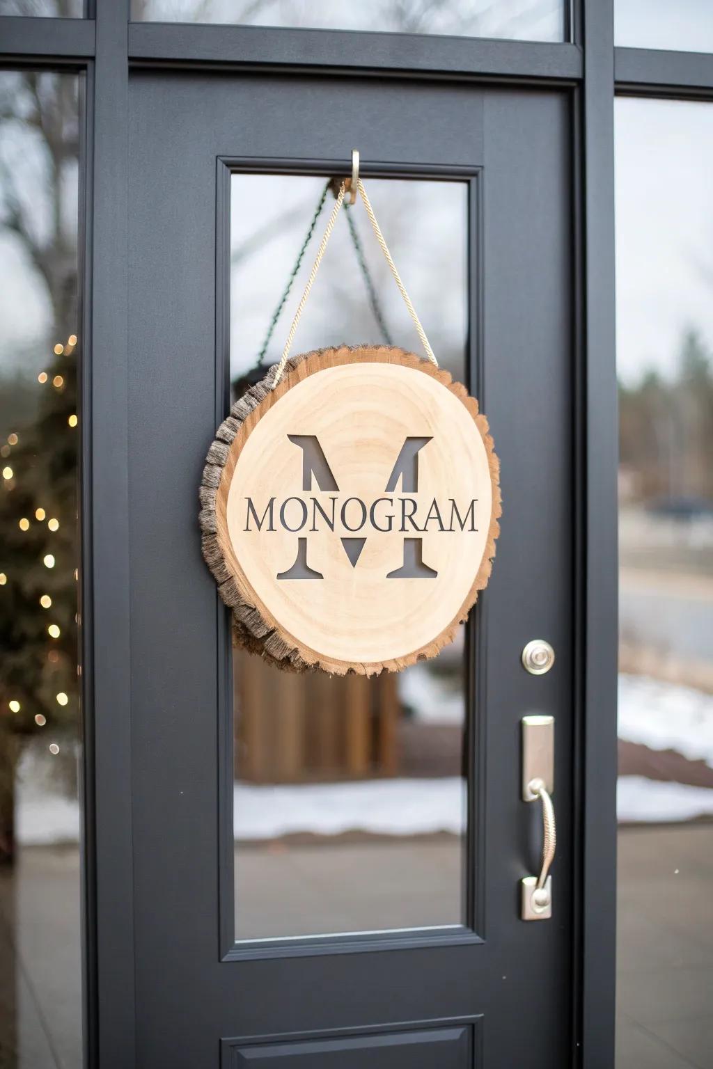 Simple monogram wood round wreath provides a unique detail.