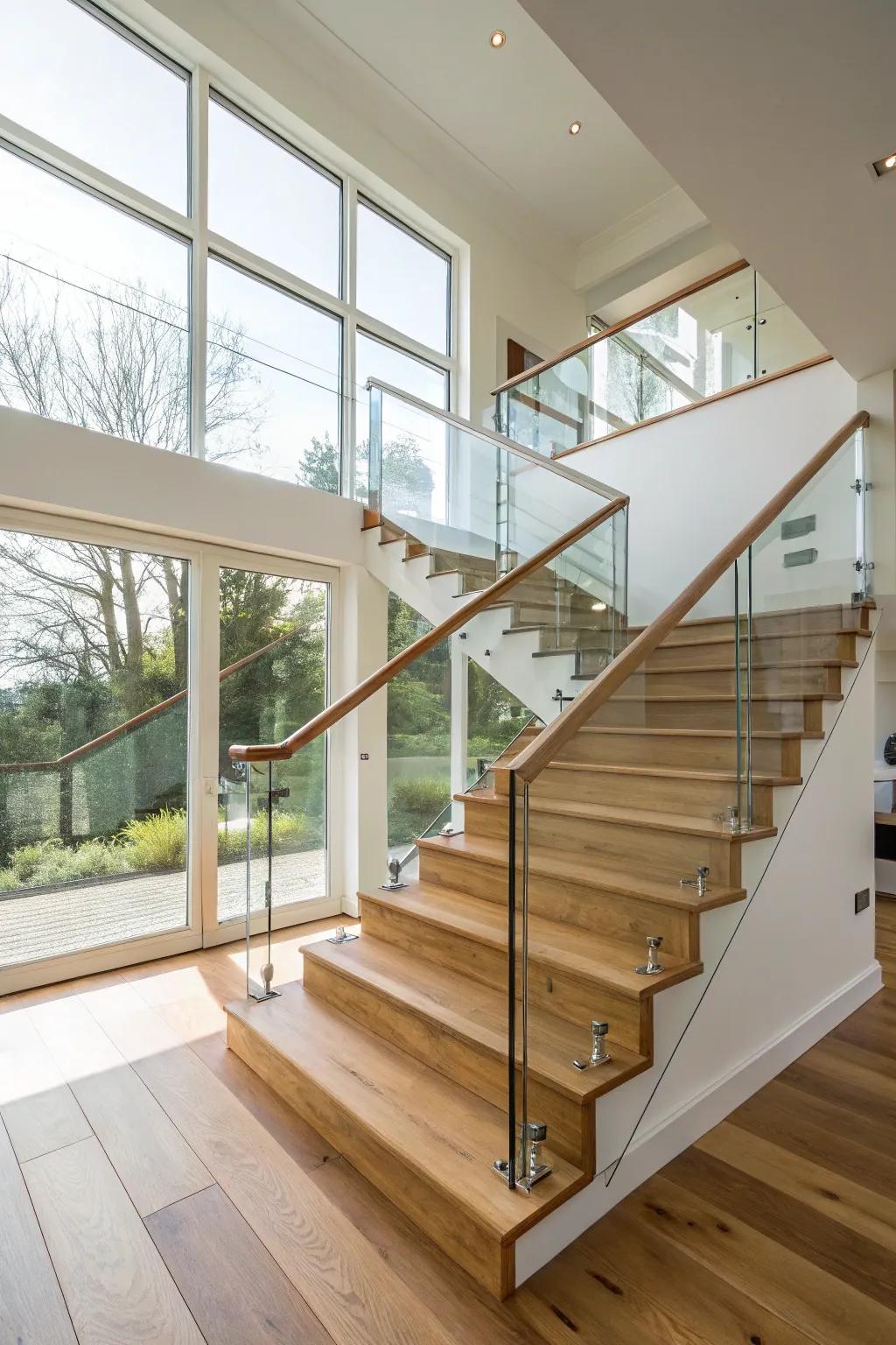 Elegant modernity: railing made of wood and glass.