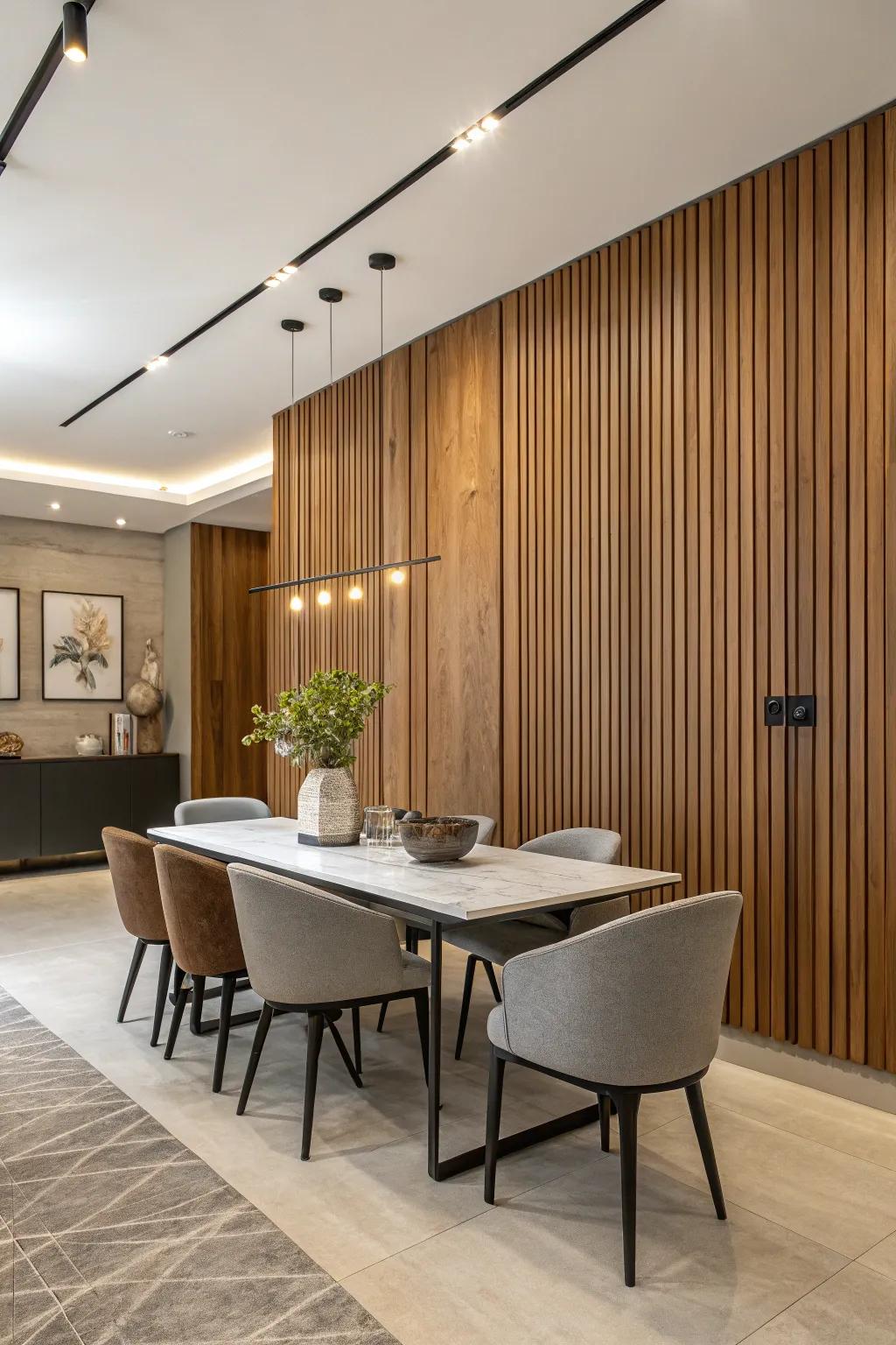 A dining space using vertically arranged timber boards for an up-to-date effect.