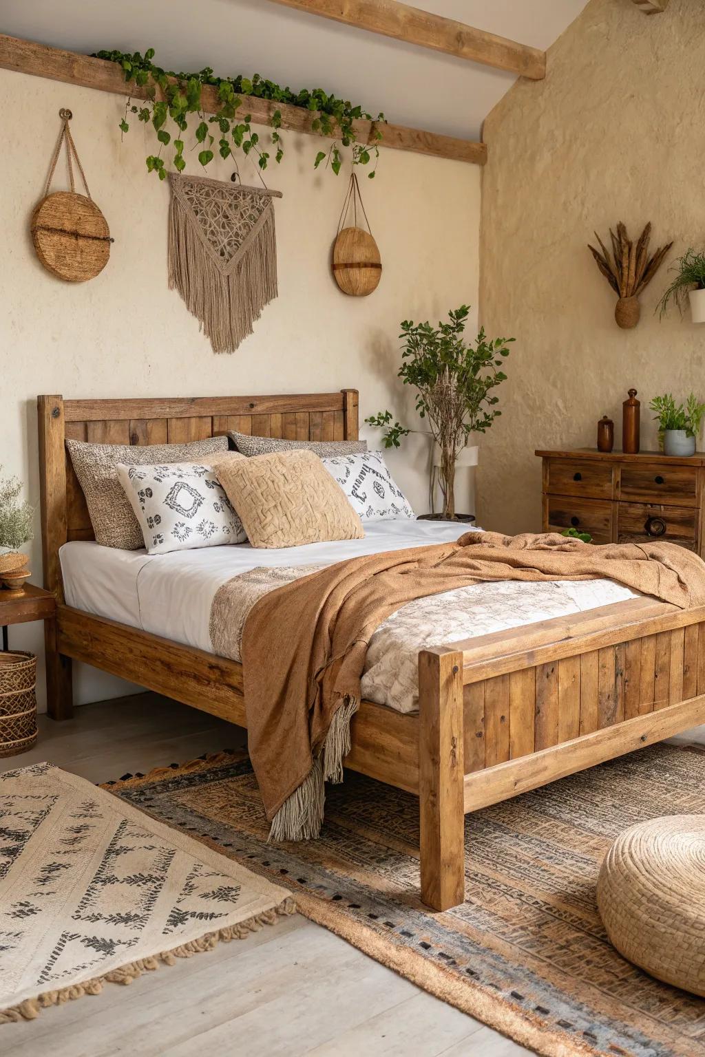 A wooden bed with a rustic design that provides warmth to any room.