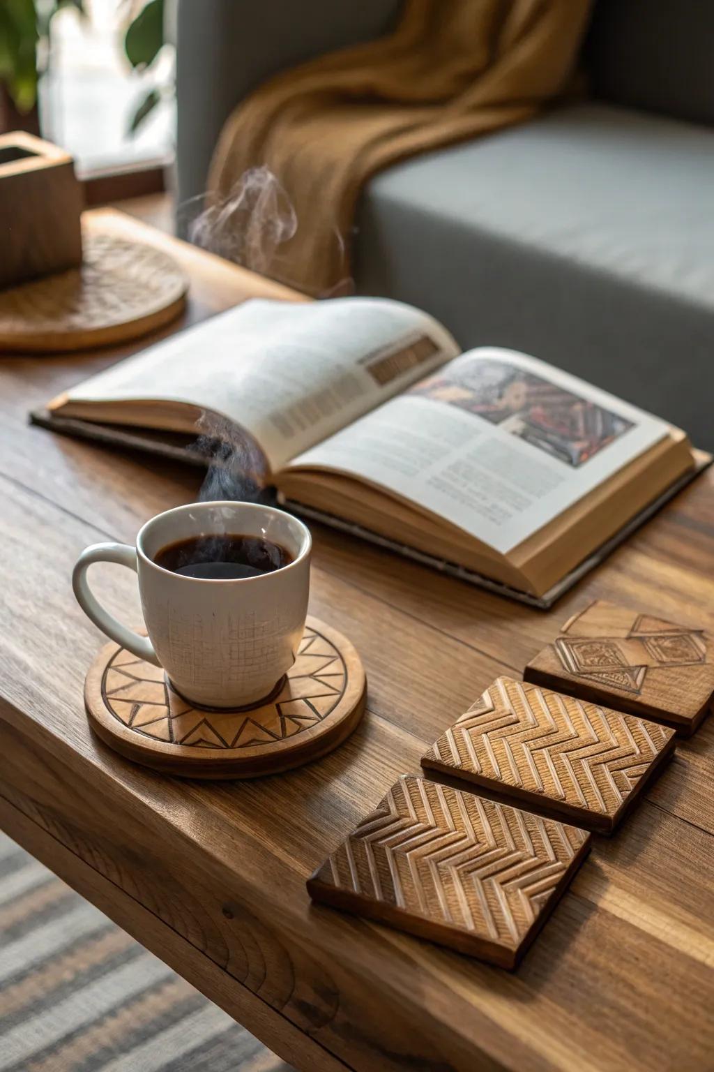 Handmade wooden coasters bring sophistication to any table setting.
