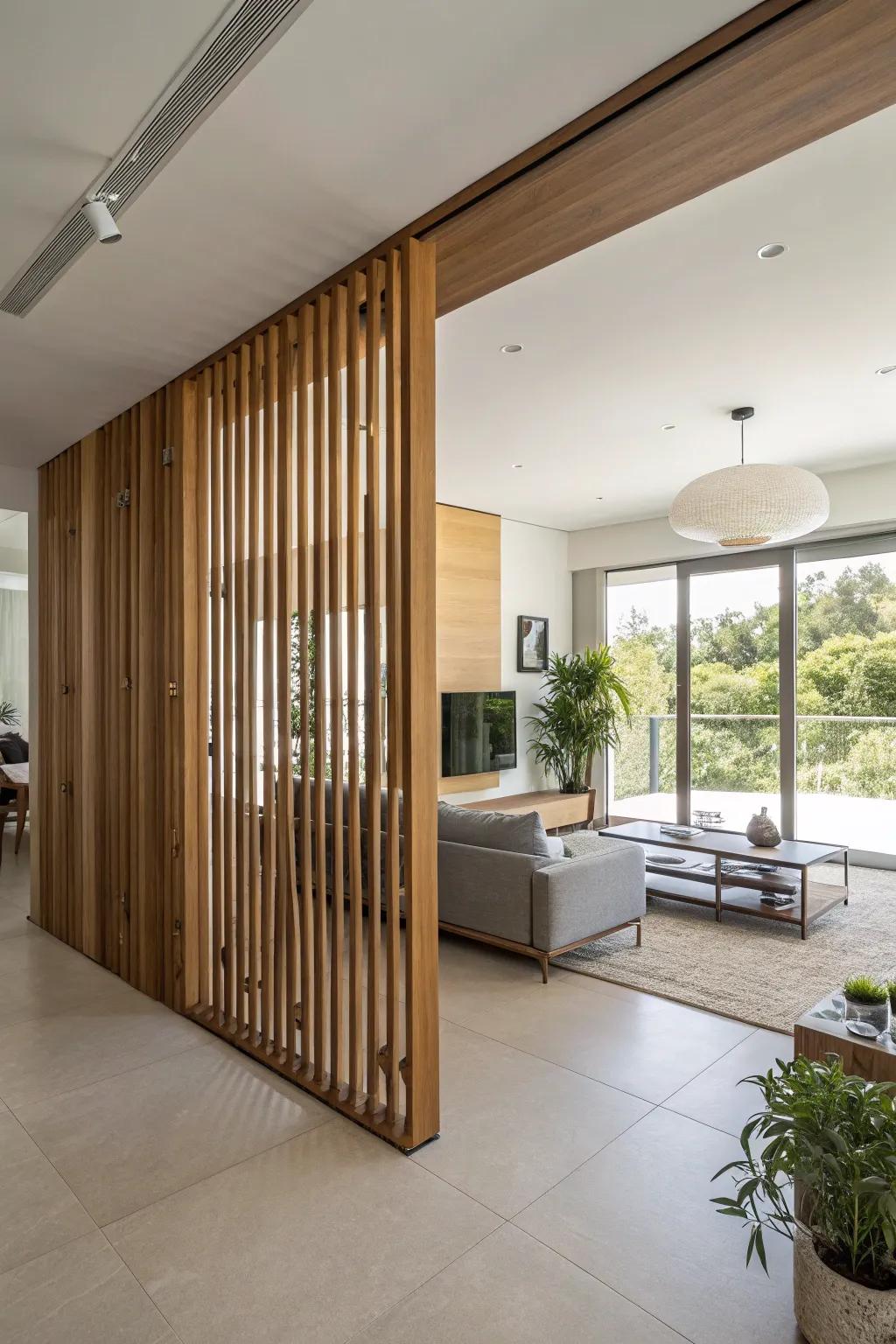 Exposed slats strike the ideal equilibrium between privacy and openness within this contemporary arrangement.