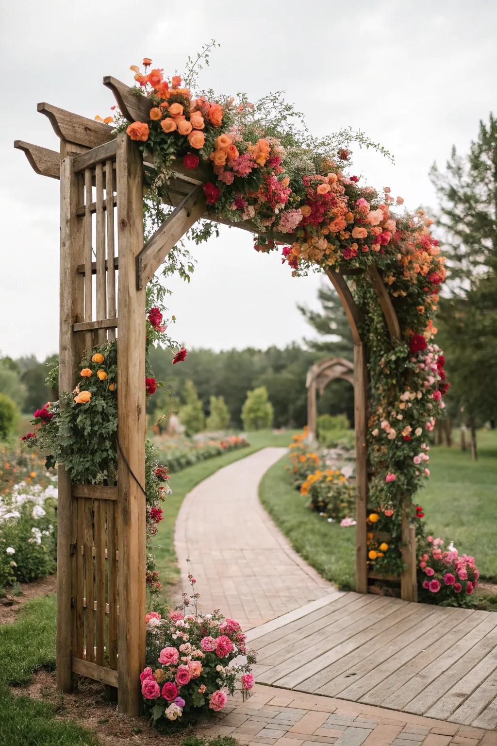 An archway of timber beautifully decorated by a myriad of bright flora for a verdant wedding event.