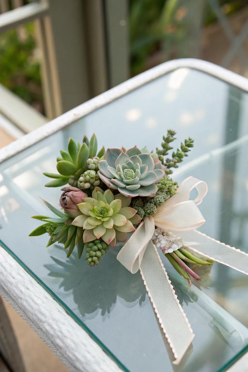 Elegant wrist corsage incorporating fleshy plants for a modern touch.