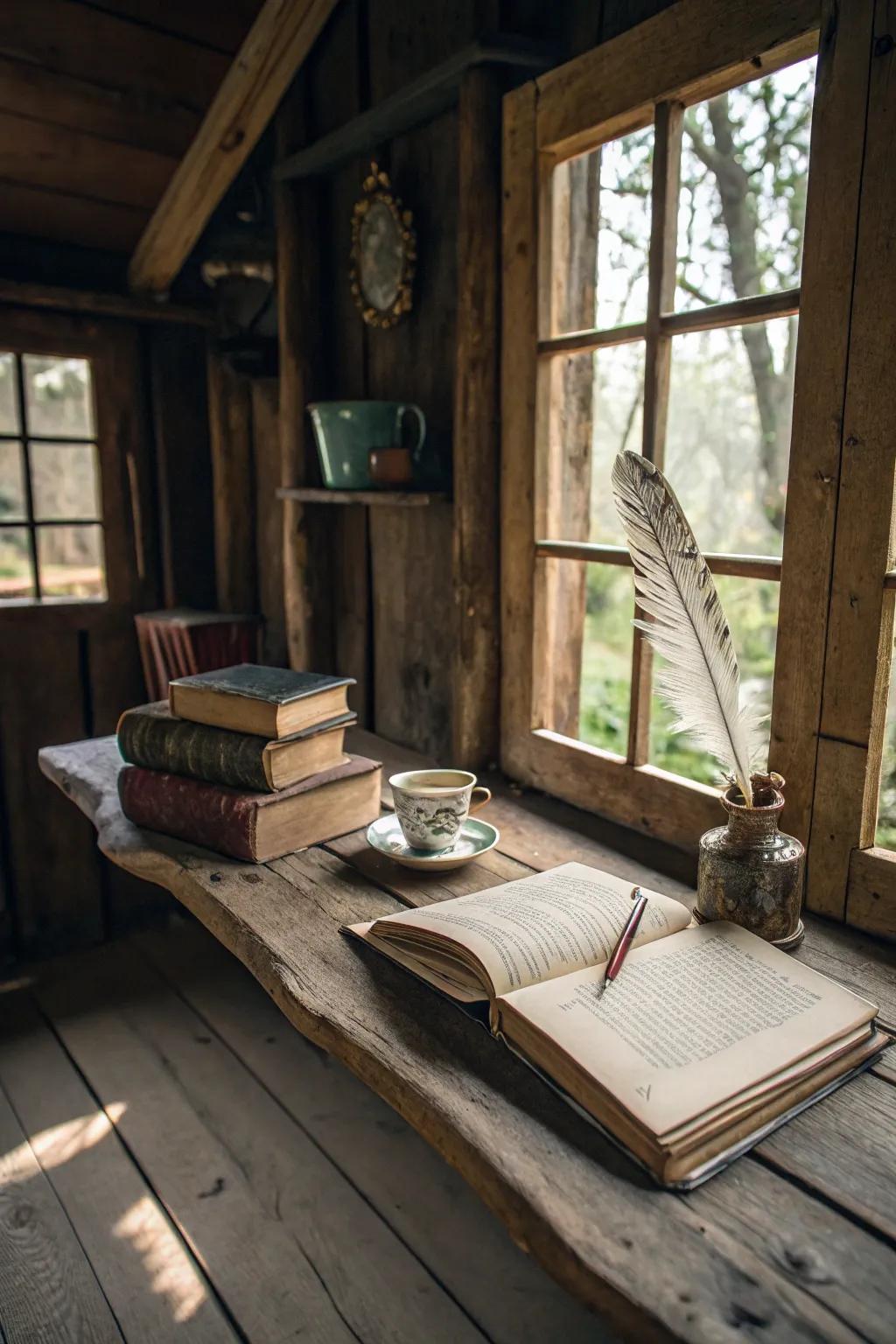A rustic writing shed creating a charming, fairy-tale ambiance.