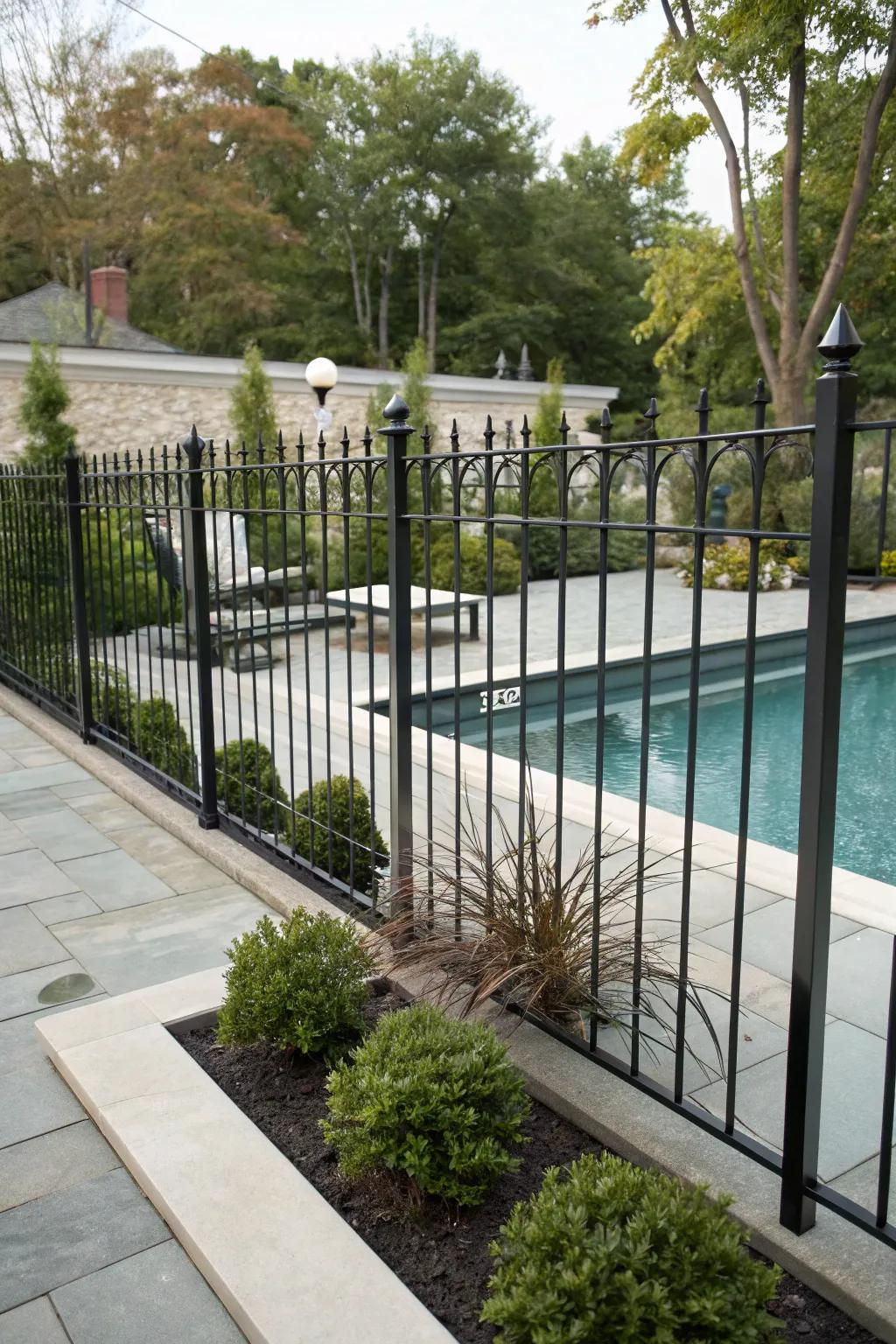 The sleek lines of a minimalist metal rod barrier complement this modern poolside.