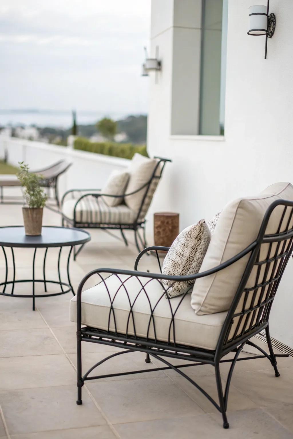 Elegant and simple wrought iron designs blend seamlessly into a minimalist patio.