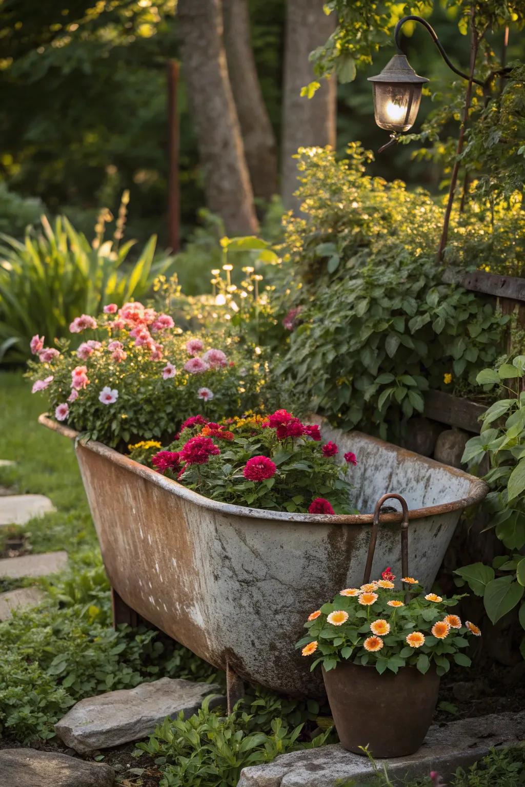 A repurposed metal basin planter infuses rustic allure into this garden.