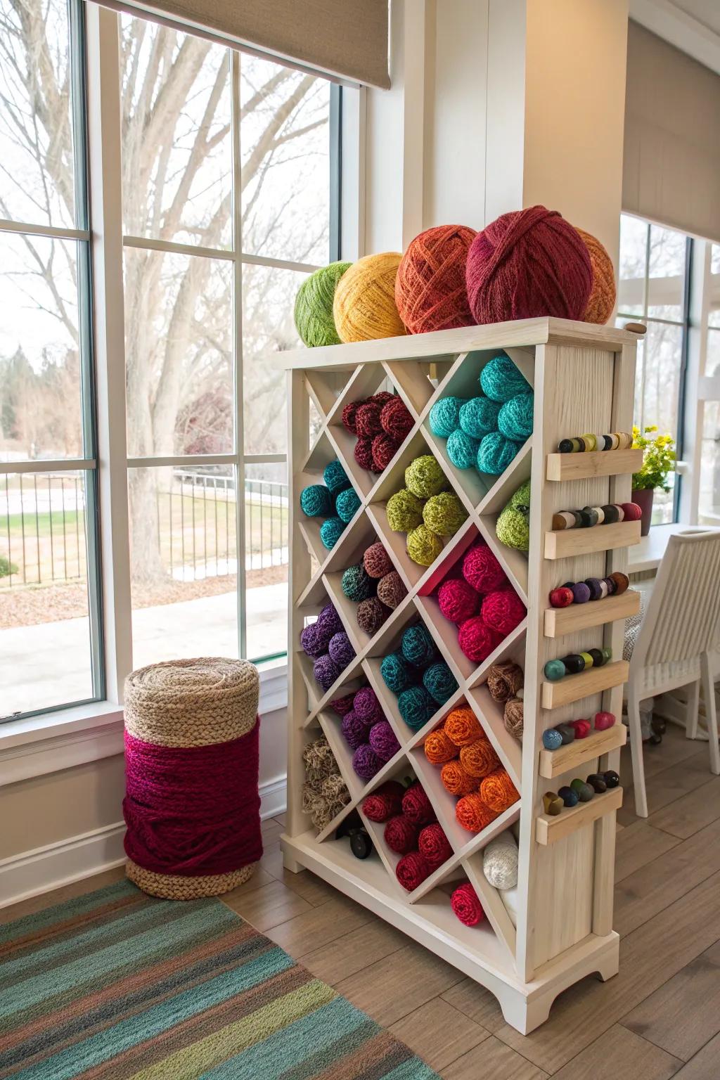 By repurposing a wine rack for yarn storage, you add a touch of elegance to your craft room.