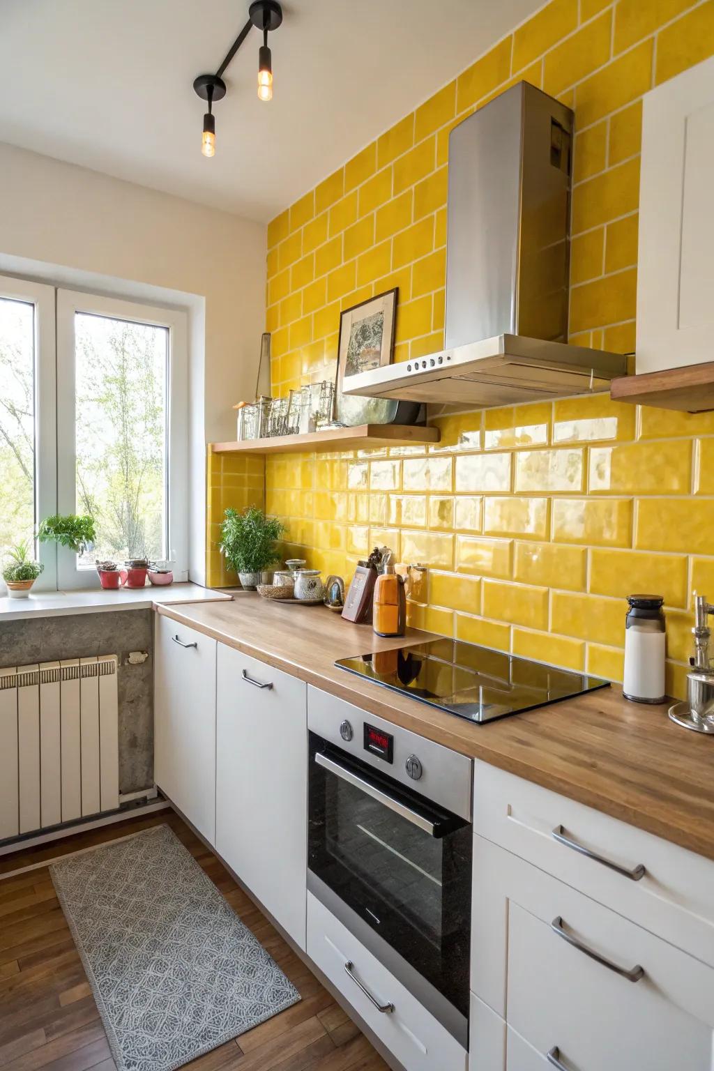 A sunny yellow backsplash brings vibrancy without overwhelming the room.