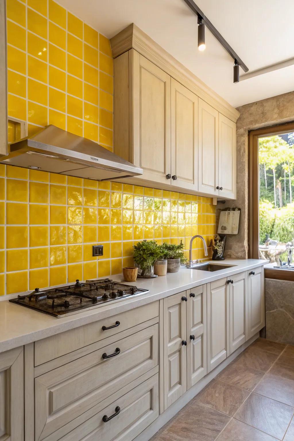 A vibrant yellow backsplash gives a lively touch.