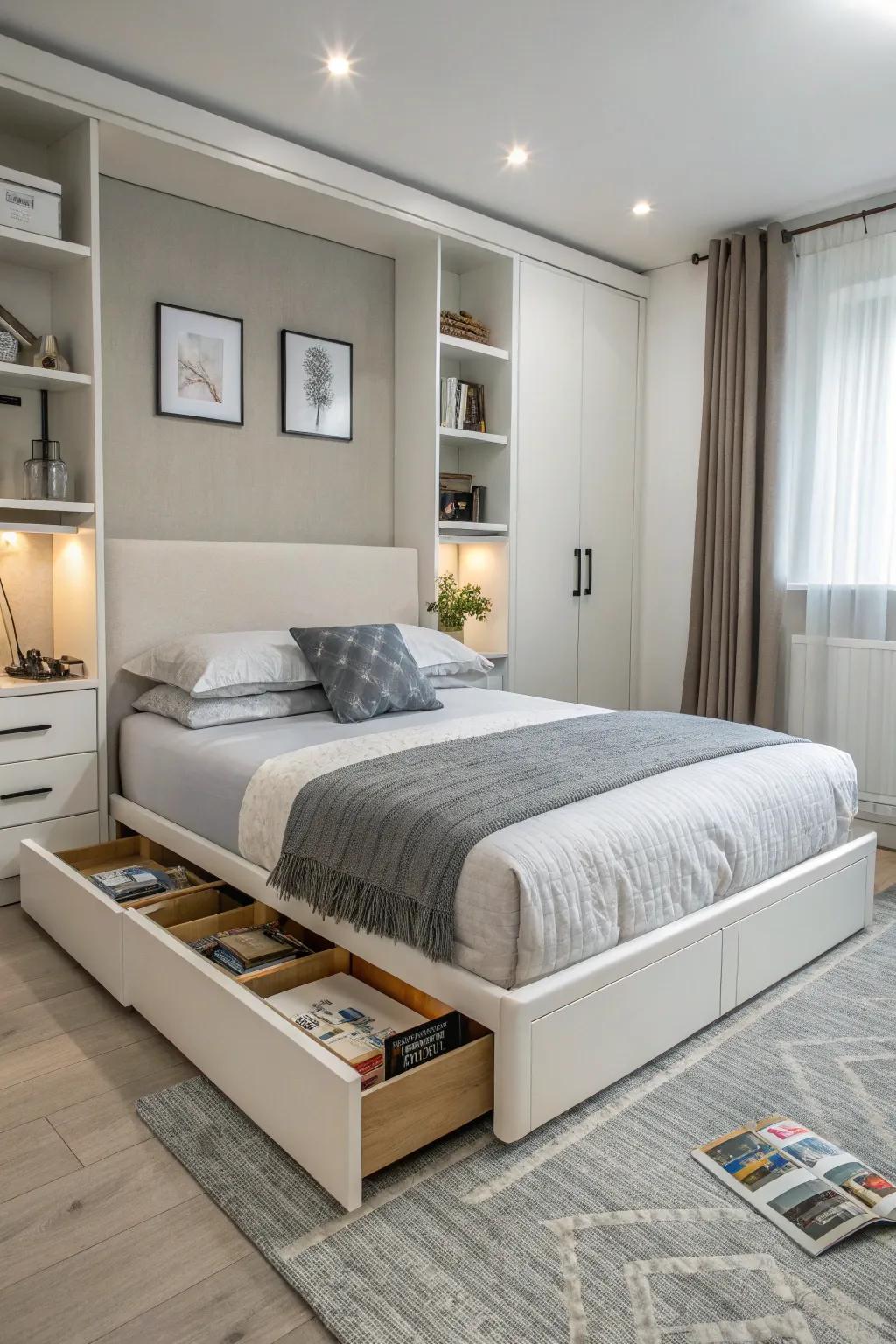 Space-optimizing furniture enables efficient and organized space utilization.