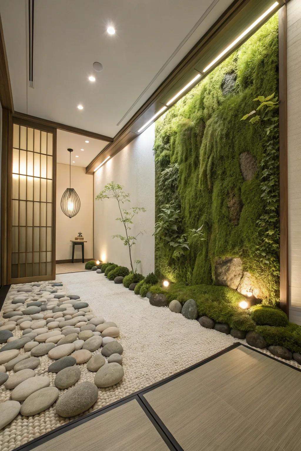 A meditation space featuring a Zen garden accent wall for tranquility.