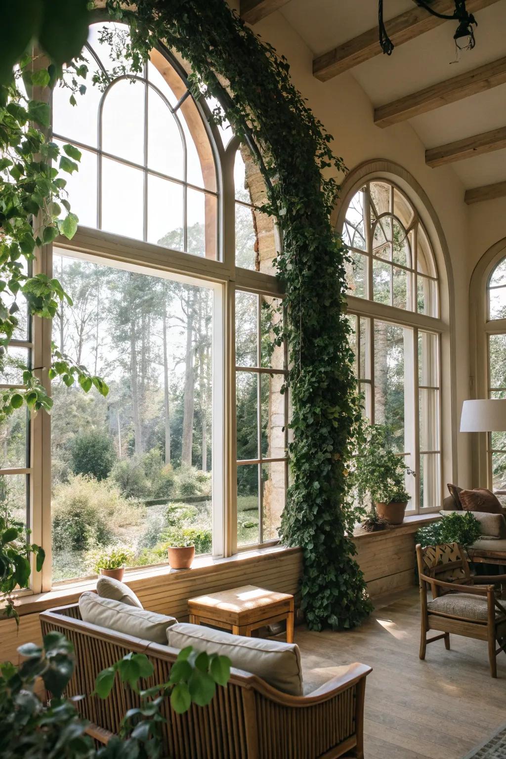 Nature-inspired living area with vines trailing on arched windows.