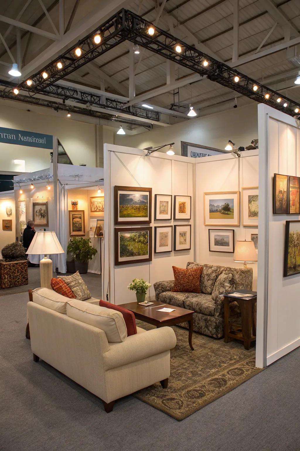 A spacious, comfortable setup encourages visitors to relax and engage with the art.