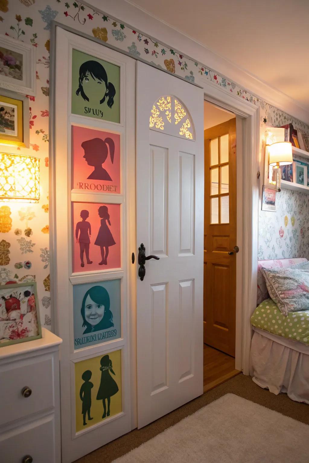 A personalized door showcasing family art and individuality.