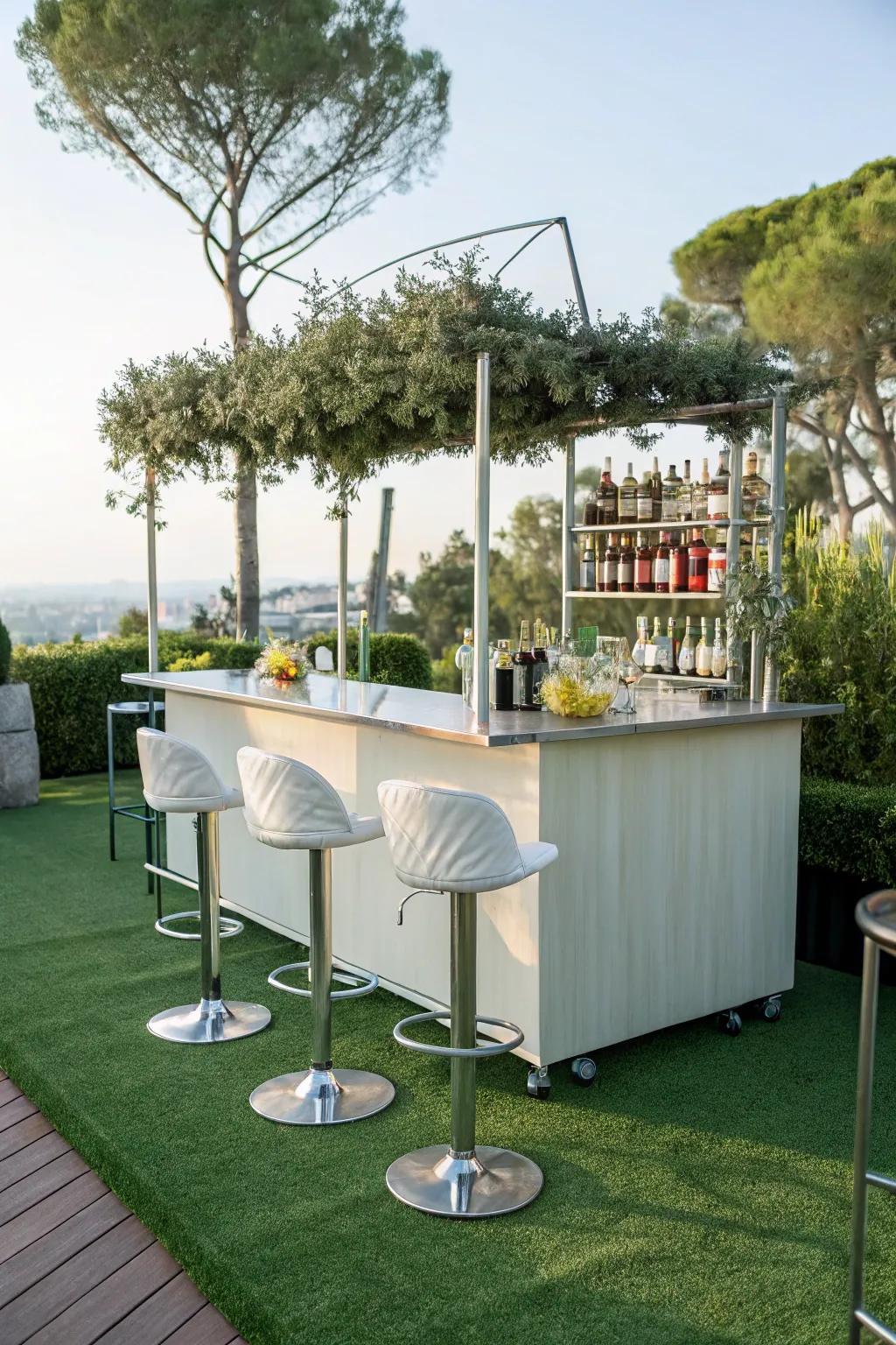 A stylish outdoor bar set on lush synthetic turf.
