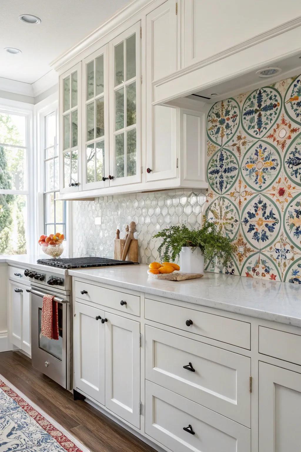 Decorated tiles create a unique artisan accent in this white kitchen.