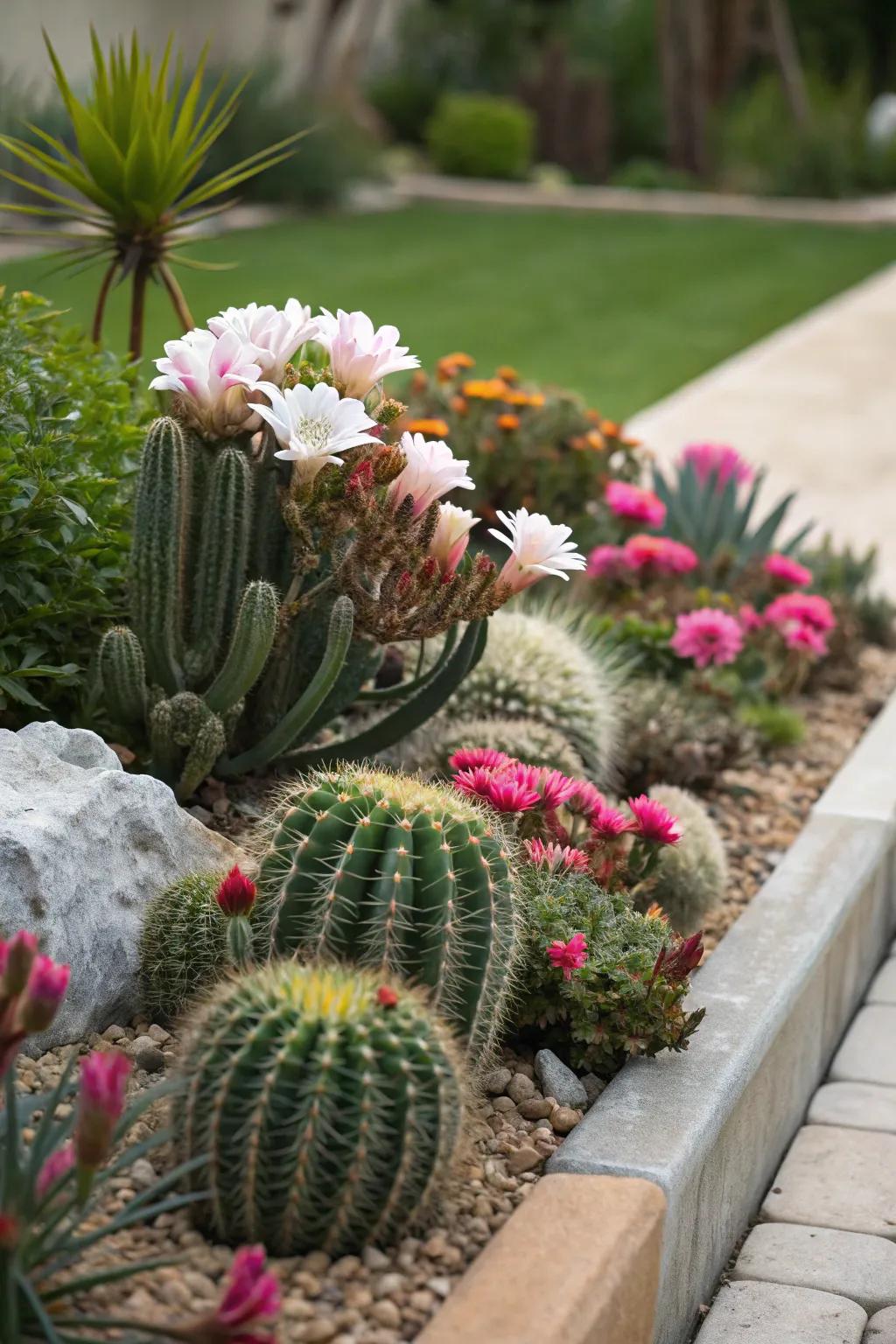An unexpected mix of cacti and flowers creates a wonderful contrast.