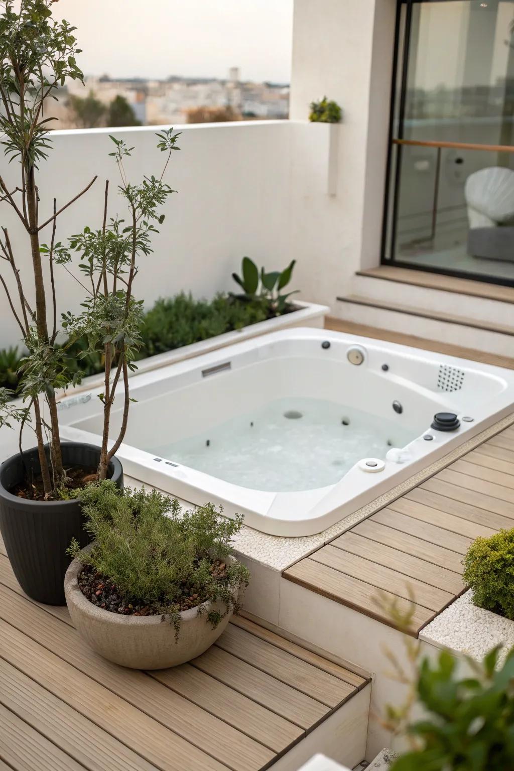 A minimalist design fashions a calm and relaxing hot tub area.