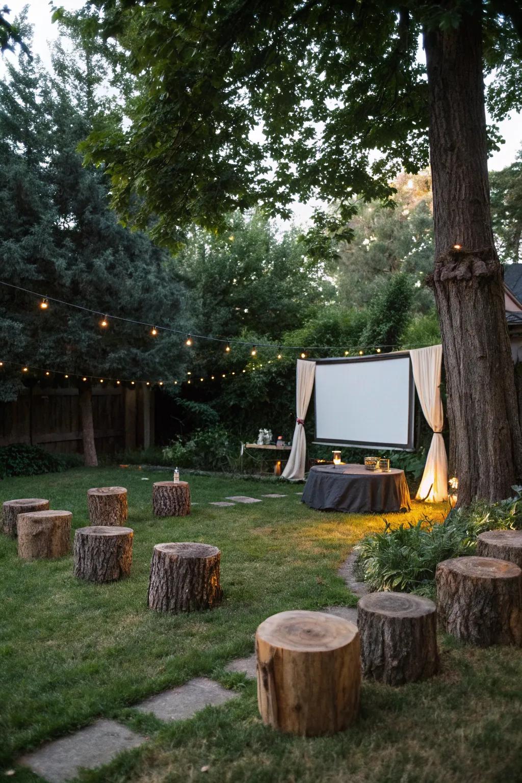 Stump seats bring a rustic and natural element to your movie night.