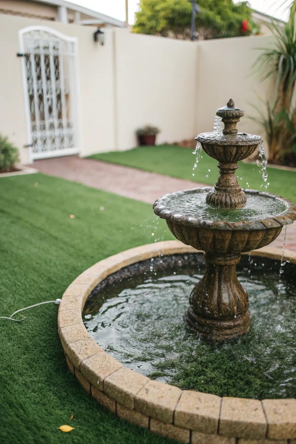 A tranquil fountain nestled in lush artificial lawn.